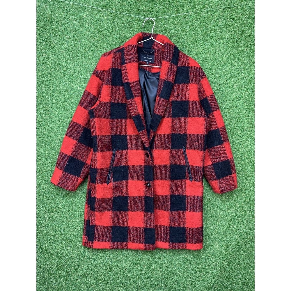 Lucky Brand Coat Womens Small Buffalo Check Plaid Red Black Jacket Long Fuzzy